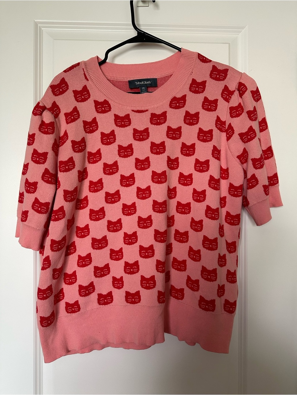 ModCloth Pink Short Sleeve Sweater Top with Red Cat Pattern